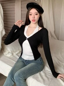 DAZY Suéter de mujer de manga larga con ajuste delgado y contraste de blanco y negro, ropa de otoño