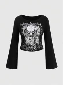 ROMWE Grunge Punk Áo thun in hoa bộ xương và hoa huệ Gothic, mùa xuân và mùa thu - màu đen - Xem 1