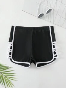 Swim SPRTY 1pc Women Criss-Cross Side Swim Shorts Bottoms For Summer Beach Vacation - Black and White - View 5