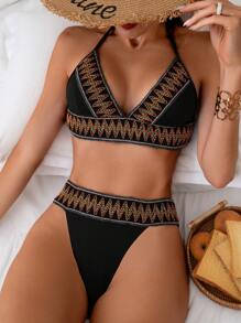 SHEIN Swim 女士几何肩带挂脖比基尼套装夏季海滩 - 黑色 - 查看 1