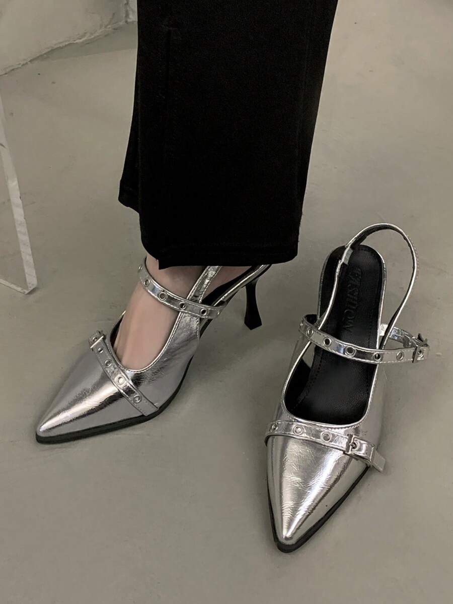 Women's Retro Pointed Toe Mary Jane Leather Shoes, British Style Pumps, 2025 Spring/Autumn New Arrival, French Fashion Chunky Heel High Heels, Elegant, Party,Stiletto Heels - Silver - View 1