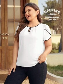 SHEIN Clasi Plus Size Women's Color Block Edge Button Down Shirt With Puff Sleeves