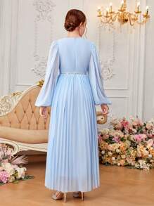 SHEIN 少女奢華 V 領純色雪紡拼接編織緞帶百褶連身裙 - 藍色 - 查看 3