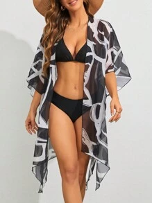 Swim Lushoire Women's Printed Mesh Cover Up Kimono Music Festival - Black and White - View 3