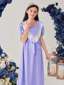 SHEIN Tween Girl Fringe & Beaded V-Neck Short Bubble Sleeve Dress - Purple - View 4