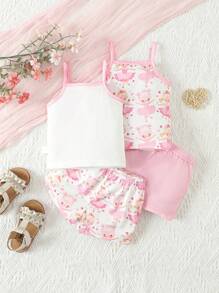 SHEIN Baby Girl Cartoon Printed Tank Top And Shorts 2pcs/Set, Summer Outfits