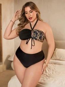 SHEIN Swim Curve 大码女式链条印花吊带比基尼套装（三件套）音乐节夏季 - 黑色 - 查看 4