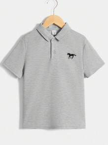 SHEIN Leap Crew Cậu bé Tween Giải trí Thoải mái Áo polo Với Tranh thêu ngựa - Xám - Xem 1