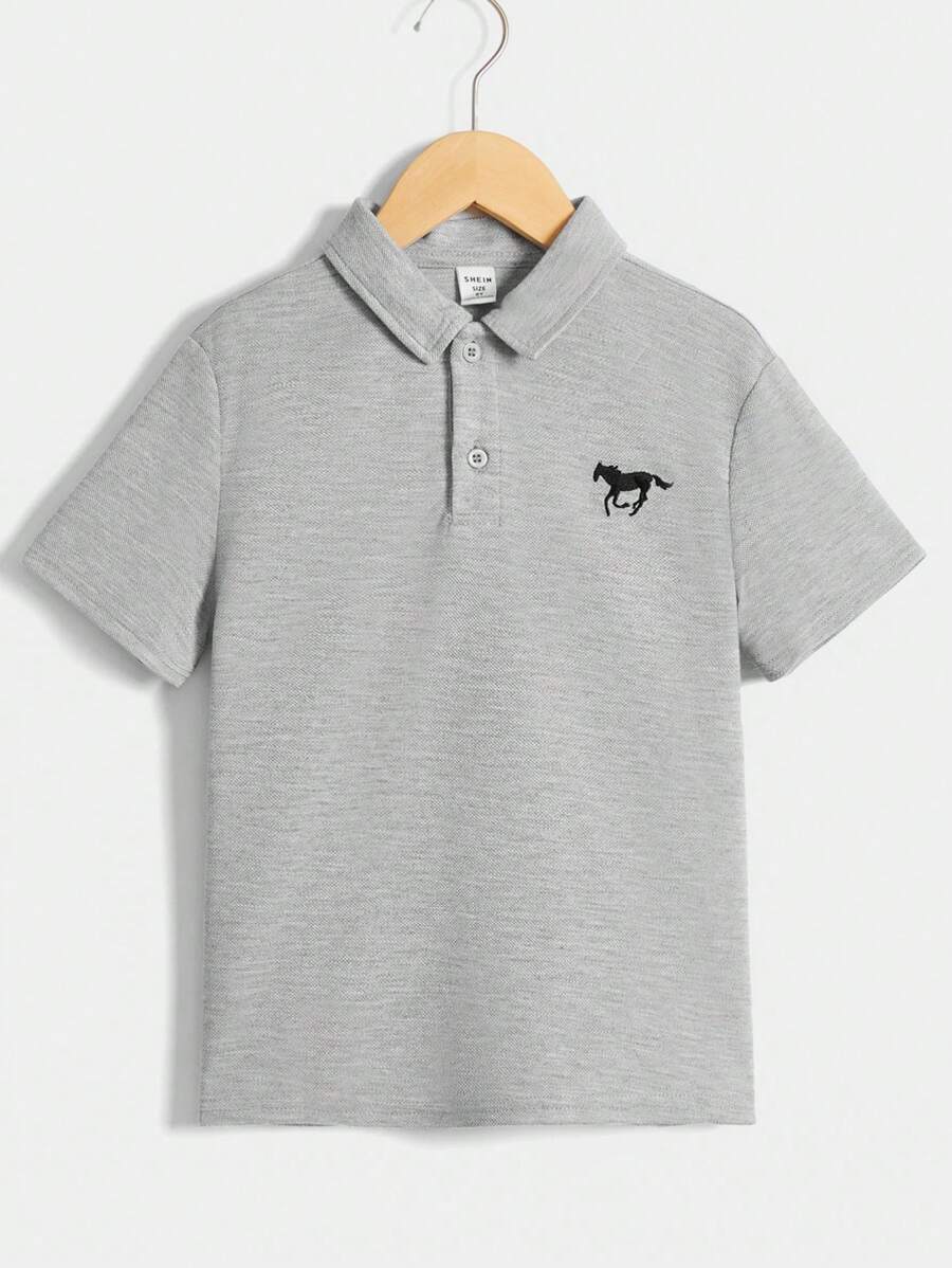 SHEIN Leap Crew Cậu bé Tween Giải trí Thoải mái Áo polo Với Tranh thêu ngựa - Xám - Xem 1