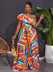 Slaydiva One Shoulder Ruffle Printed Jumpsuit, Pride Month Rainbow Design - Multicolor - View 4
