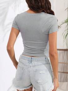 INAWLY Màu thuần Vòng cổ Ngắn tay Thon gọn Áo thun - Màu Xám nhạt - Xem 2