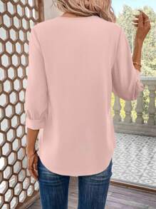 SHEIN LUNE Áo sơ mi nữ tay 3/4 có viền cong, áo tay ba phần tư - Bụi hồng - Xem 2