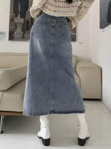 DAZY Women's Washed Denim Side Split Skirt Jeans Skirt - Blue - View 2