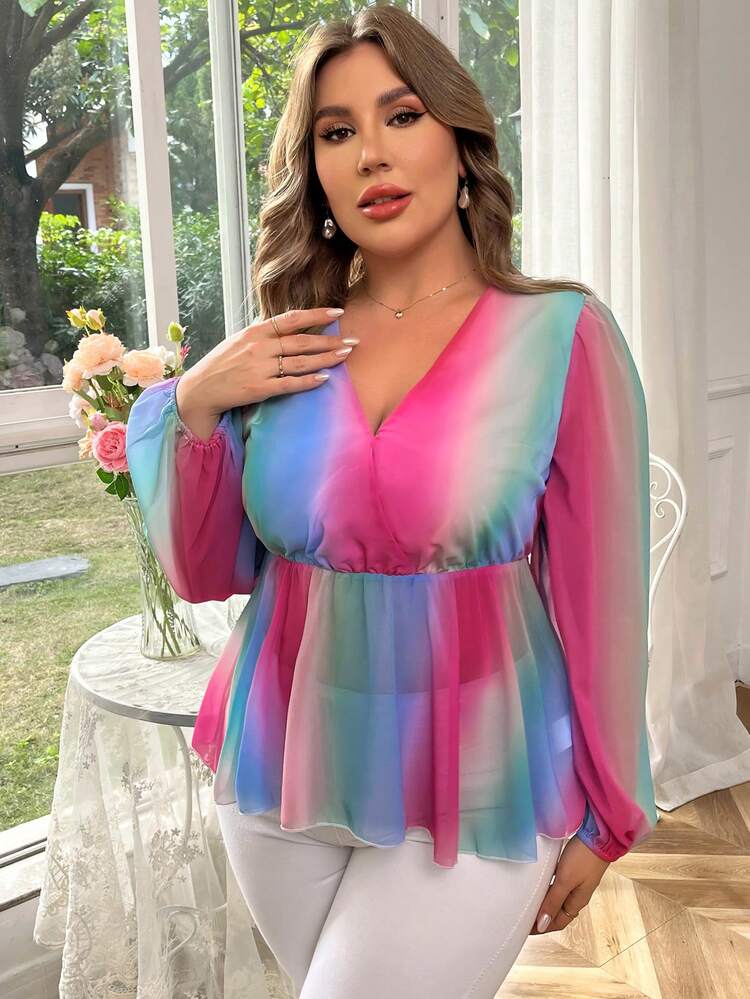 Women'S Plus Size Colorful Gradient V-Neck Lantern Sleeve Blouse