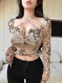Dazy Designer Sleeveless Halter Neck Mesh Top With Tie Detail - Apricot - View 4