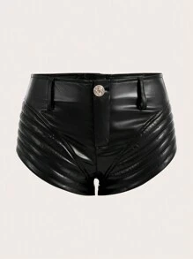 SHEIN ICON 特低腰接縫設計超短裙短褲 - 黑色 - 查看 1