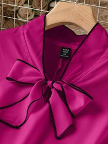 SHEIN Clasi 大码女式拼色工作衬衫（配领结） - 玫紅色 - 查看 4