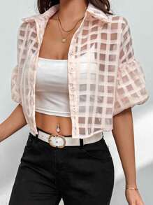 SHEIN Privé Women's Mesh Lantern Sleeve Shirt - Apricot - View 3