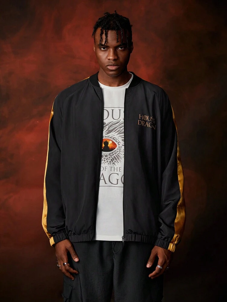 Men Fire & Slogan Print Baseball Jacket