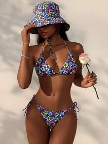 Swim Mod Summer Beach Women's Flower Printed Knot Front And Tie Side Bikini Set