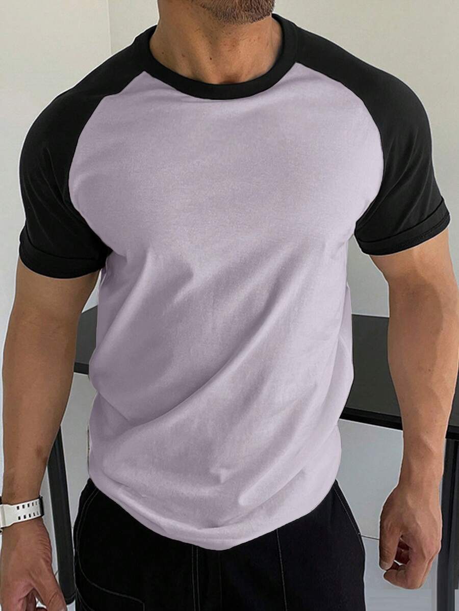 RueChic Camiseta De Manga Corta Con Bloques De Color Y Mangas Raglán Para Hombre - Púrpura malva - Ver 1