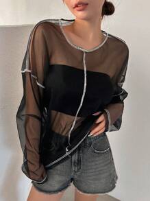 DAZY 1pc Loose Fit Round Neck Sheer Mesh Paneled Long Sleeve Top With Color Blocking And Contrast Stitching Detail For Women - Black - View 4