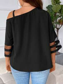 SHEIN Privé Plus Size Women'S Asymmetrical Collar Lace Patchwork Sheer Blouse
