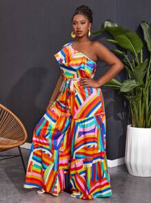 Slaydiva One Shoulder Ruffle Printed Jumpsuit, Pride Month Rainbow Design - Multicolor - View 5