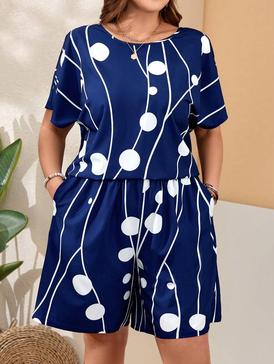 EMERY ROSE Plus Size Women'S Printed Loose Fit Pocket Casual Short Sleeve Two-Piece For Spring,Flower/Summer/Vacation - Blue and White - View 1