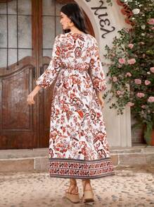 Seusyu Women's Floral Print Lantern Sleeve Arabian Style Dress With Cinching Waist - Yellow - View 8