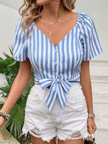 SHEIN VCAY Women's Striped Blouse With Knotted Hem