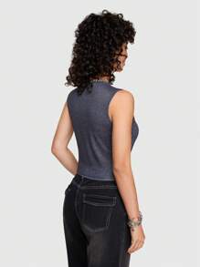 ROMWE Street Life Y2k Sexy Dragon Pattern Jean-Like Knitted Fabric Tank Top For Summer For Women - Navy Blue - View 5