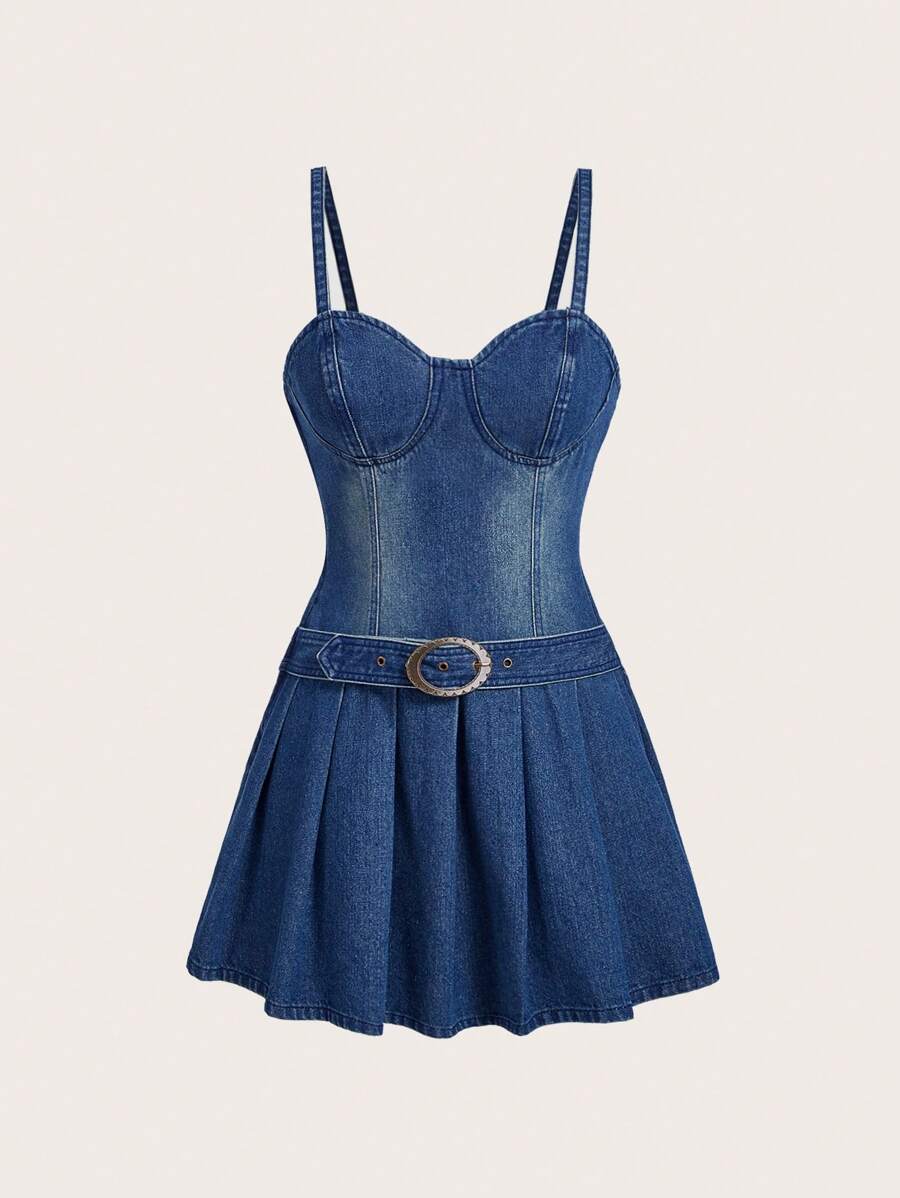 SHEIN MOD Women's Denim Dress With Pleated Hem And Spaghetti Straps, Washed - Dark Wash - View 1