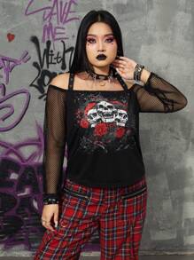 ROMWE Grunge Punk Kích thước lớn Phụ nữ Punk In Áo thun Với Lưới Và Sọ Mô hình hoa - màu đen - Xem 4