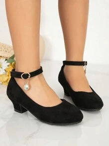 New Arrival Girls' Round Toe Party High Heels Princess Shoes With Plush & Rhinestone Decoration, Thick Heel