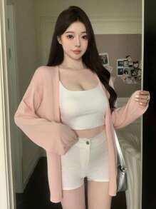 DAZY 女式鬆身純色長袖開衫外套 - 粉色 - 查看 7