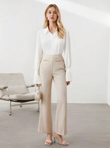 BizChic 女式纯色纽扣长袖衬衫，带褶皱喇叭袖口，城市通勤办公室商务休闲优雅正式衬衫 - 白色 - 查看 5