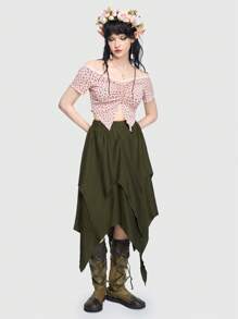 ROMWE Fairycore Damska spódnica z asymetrycznym dołem - Wojskowa Zieleń - Zobacz 2