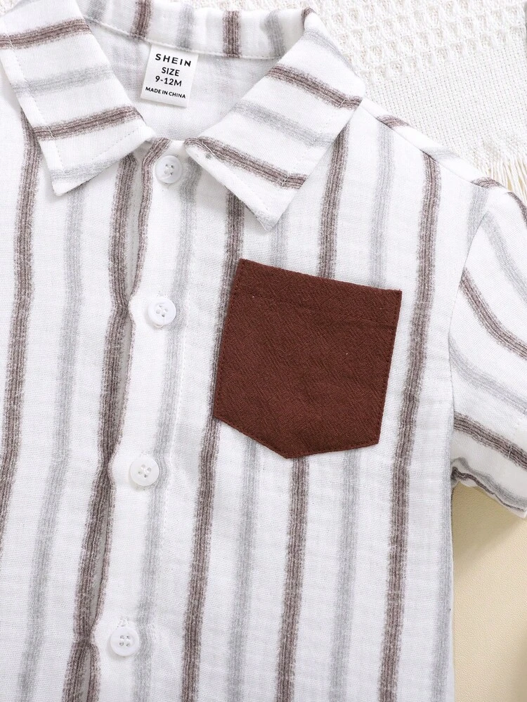 Baby Boy Casual Striped Short Sleeve Shirt With Pocket And Shorts For Vacation