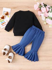 SHEIN Baby Girl Character Print Top And Denim Effect Flared Pants Set - Black - View 2