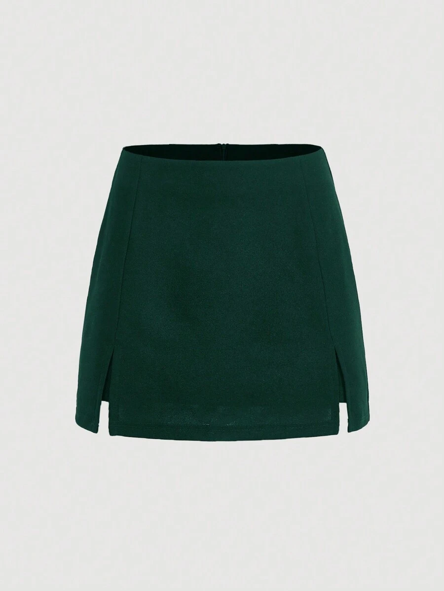 SHEIN MOD 女士純色後拉鍊中偏褶裙 - 墨綠色 - 查看 1