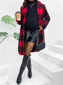 SHEIN 孕妇格子羊毛方领长袖外套，冬季适用 - 紅色 - 查看 4