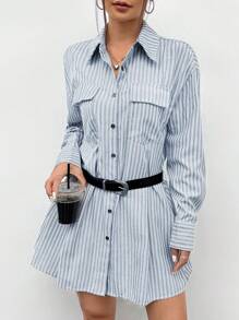 SHEIN EZwear 女士藍色編織條紋襯衫束腰裙 - 淺藍色 - 查看 1