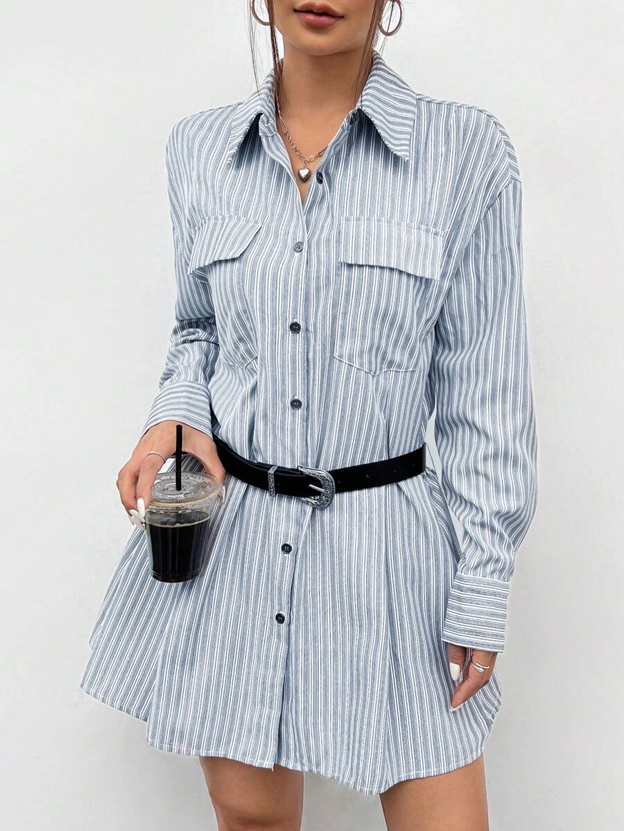 SHEIN EZwear 女士藍色編織條紋襯衫束腰裙 - 淺藍色 - 查看 1