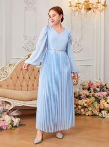 SHEIN 少女奢華 V 領純色雪紡拼接編織緞帶百褶連身裙 - 藍色 - 查看 5