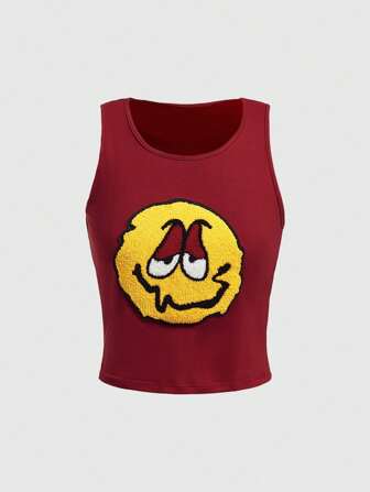 Street Life Women'S Color Block Sleeveless Top With Quirky Street Style Embroidered Smiling Face