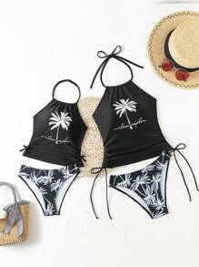 少女熱帶植物印花頸帶無肩帶比基尼套裝 - 黑與白 - 查看 6