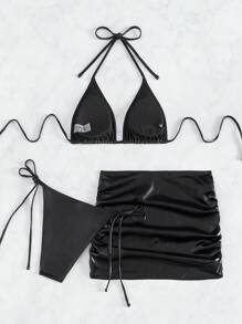 Swim EVENT Women'S Solid Color Triangle Halter Bra And Knotted Side Bikini Set With Swimming Skirt Summer