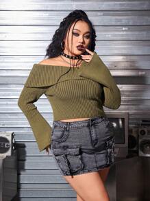 ROMWE PUNK Women's Plus Size Solid Color Off Shoulder Ribbed Knit Sweater - Army Green - View 6