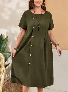 EMERY ROSE Vestido verde para mujer de talla grande, con bolsillos, manga corta, cuello redondo, ajuste holgado y aberturas laterales, ideal para la primavera - Verde militar - Ver 4
